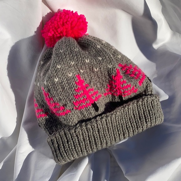 NEW Hat Pink gray pine tree hand knitted fluorescent pompom adult size - Picture 3 of 5